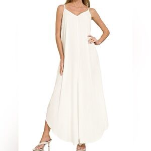 NWT Zenana Ivory White Woven Crinkle Cami Style Maxi Dress with Pockets